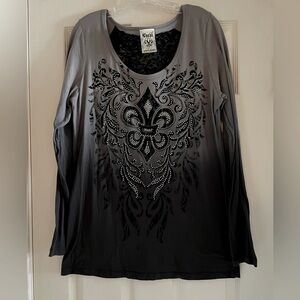 VOCAL Womens Western T-Shirt Gray Bling Design Lace Back long sleeve~size M
